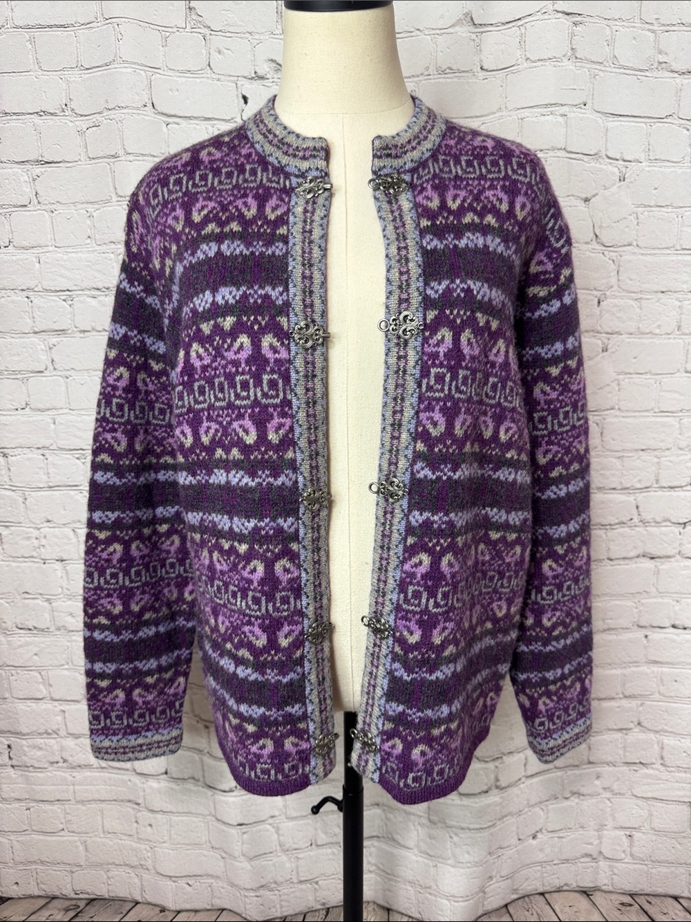 Y2K Eagle’s Eye Wool Fair Isle Hook Cardigan Purple Size Small S, M - Picture 2 of 11